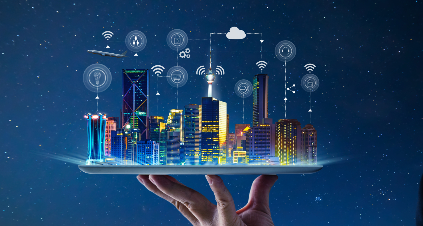 Hand holding tablet projecting a digital world